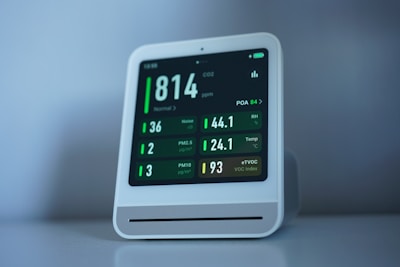 Air quality monitor shows levels of pollutants.